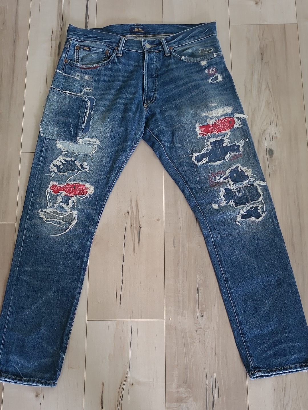 Polo By Ralph Lauren "Sullivan Slim" Blue Distressed Jeans With Red Patchwork